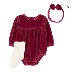 🎀Velvet Burgundy Baby Romper 3 piece Set Headband tights 🎀